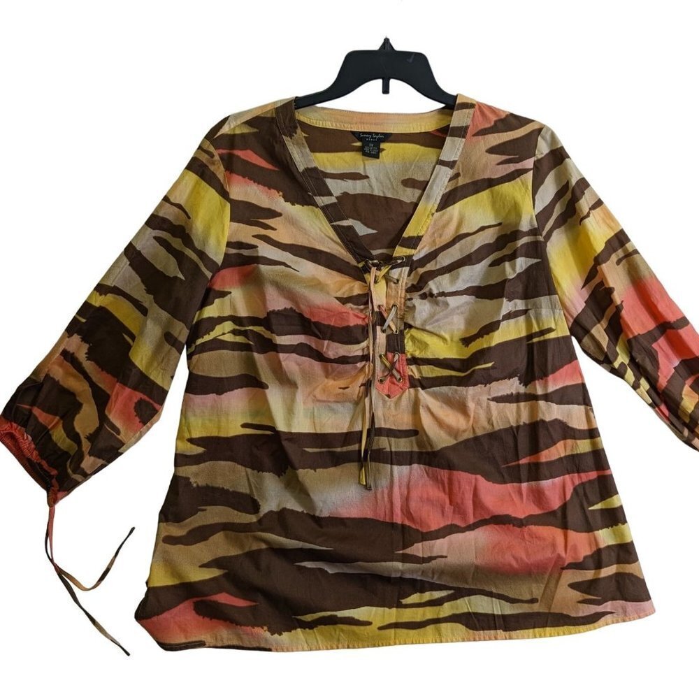 Sunny Taylor Women's Shirt Plus size 2X Brown Orange 3/4 Sleeve Cotton TOP